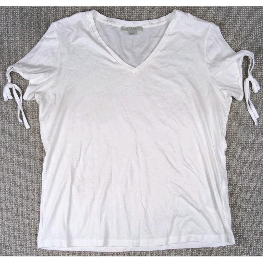 AllSaints Kay White V-Neck Tie Sleeve T-Shirt Organic Cotton Top Women Size S M